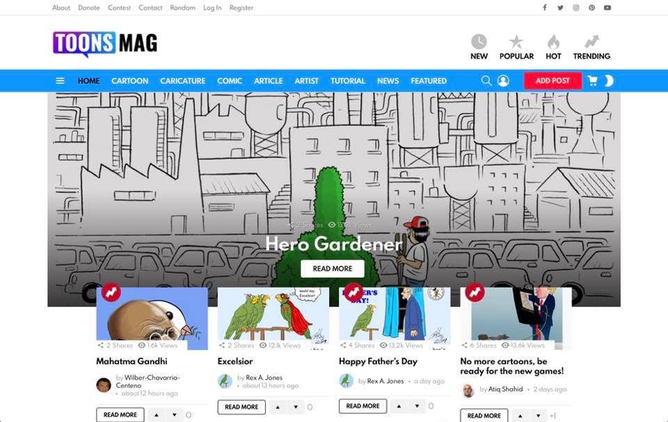 An earlier Toons Mag homepage, showing cartoons and stories from the publishing platform